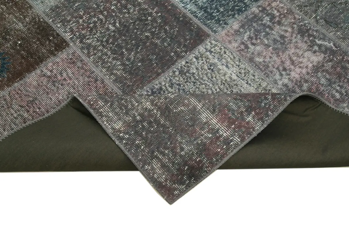 Patchwork Gri Pamuk Üzerine Yün El Dokuma Kilim-170x240 - Görsel 6