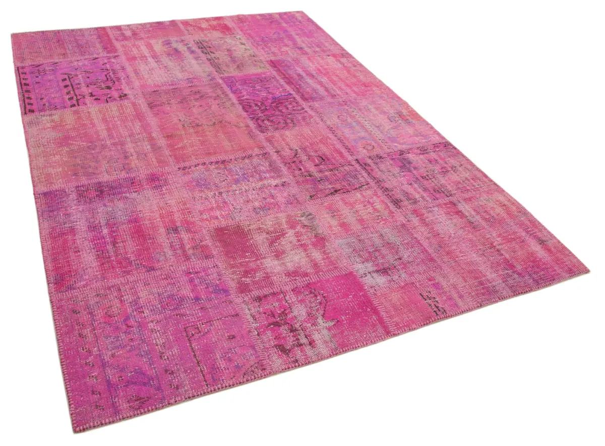 Patchwork Pembe Pamuk Üzerine Yün El Dokuma Kilim-173x240 - Görsel 2