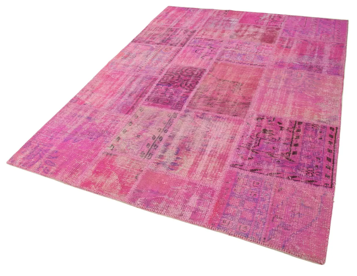 Patchwork Pembe Pamuk Üzerine Yün El Dokuma Kilim-173x240 - Görsel 3
