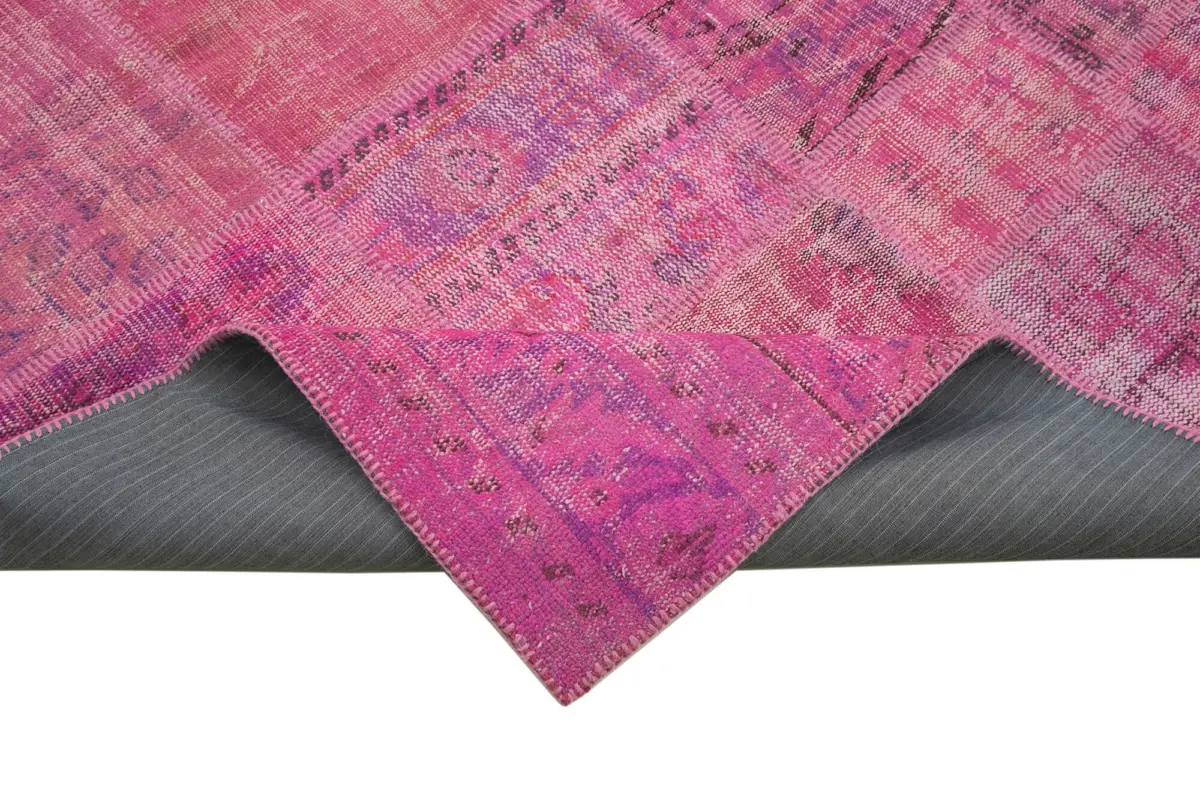 Patchwork Pembe Pamuk Üzerine Yün El Dokuma Kilim-173x240 - Görsel 6