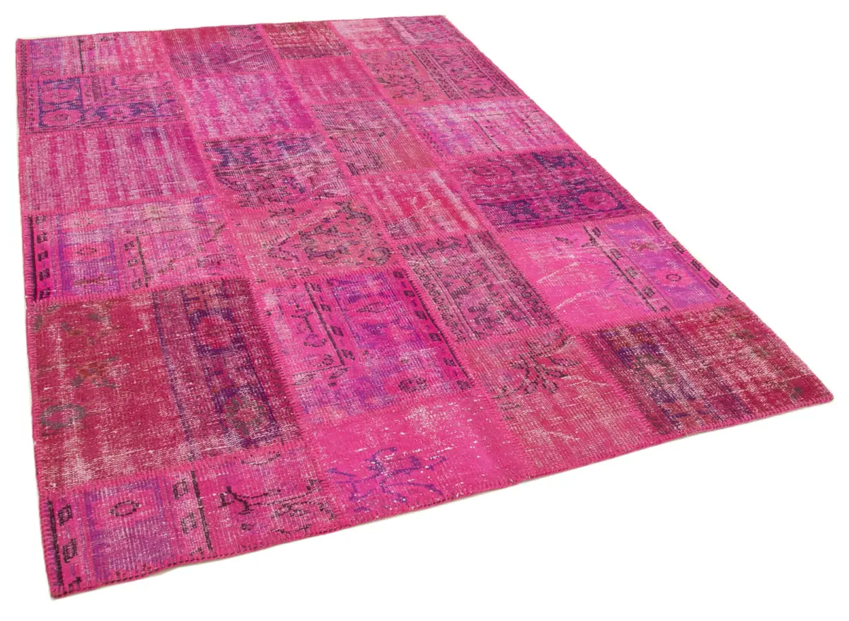 Patchwork Pembe Pamuk Üzerine Yün El Dokuma Kilim-175x242 - Görsel 2