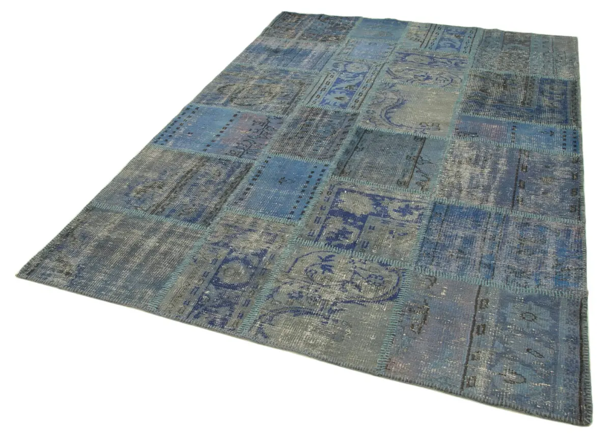 Patchwork Mavi Pamuk Üzerine Yün El Dokuma Kilim-175x247 - Görsel 3
