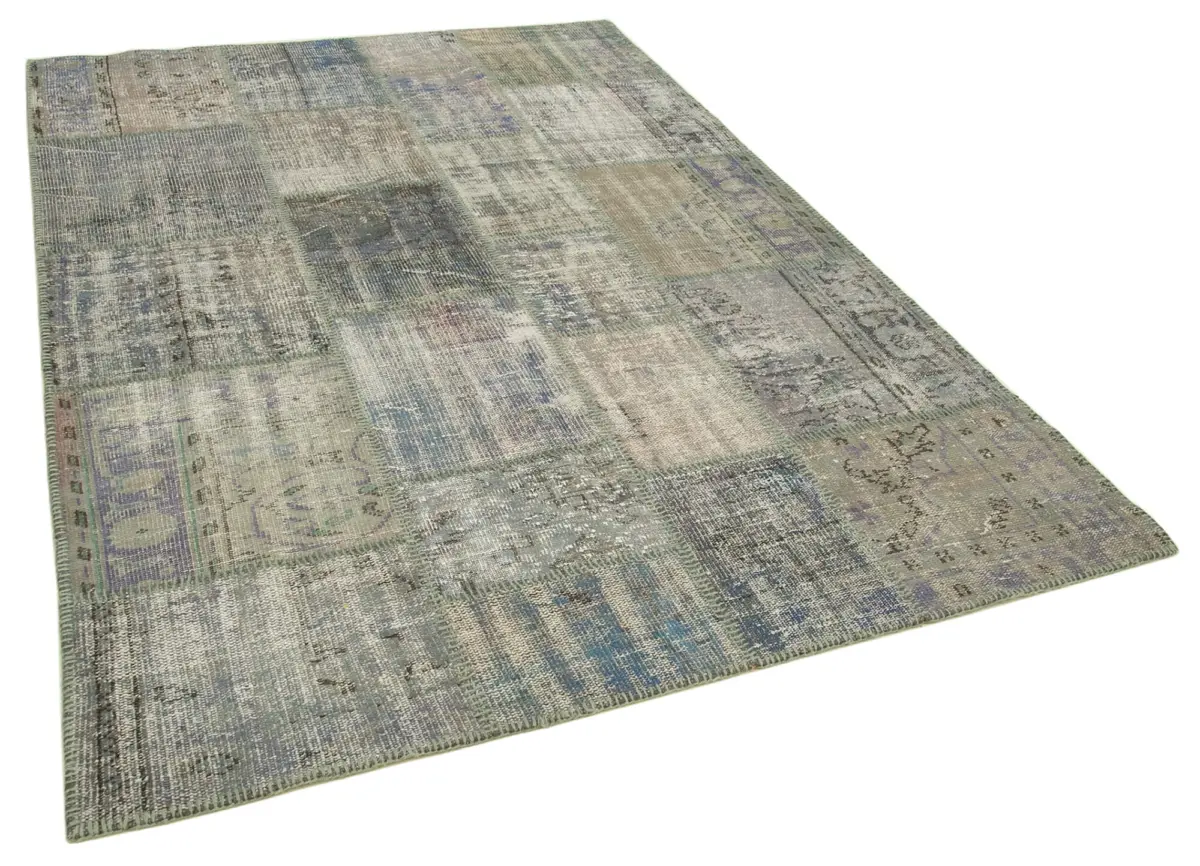 Patchwork Gri Pamuk Üzerine Yün El Dokuma Kilim-176x247 - Görsel 2