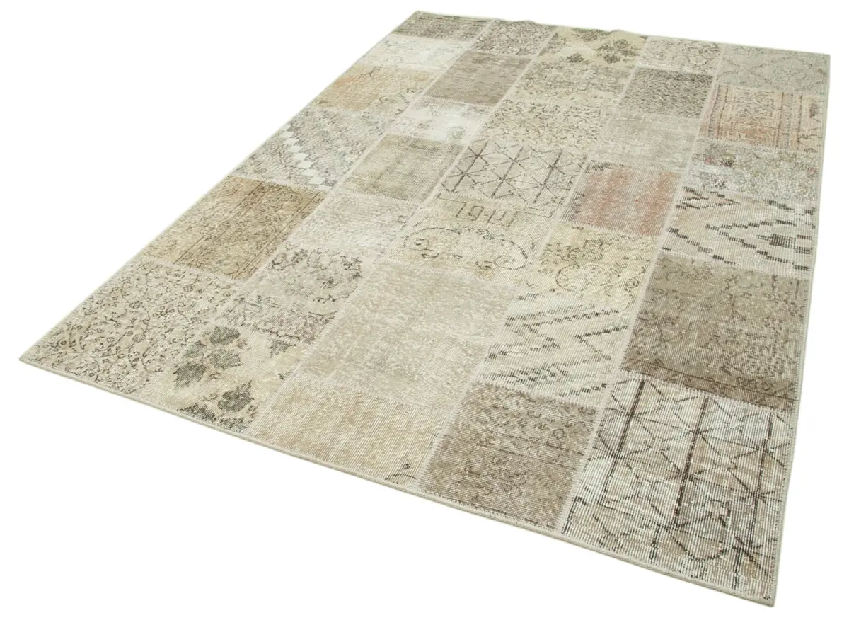 Patchwork Bej Pamuk Üzerine Yün El Dokuma Kilim-173x240 - Görsel 3