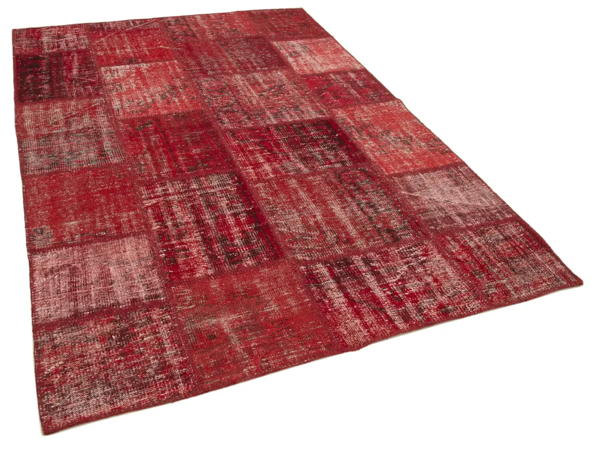 Patchwork Kırmızı Pamuk Üzerine Yün El Dokuma Kilim-171x245 - Görsel 2