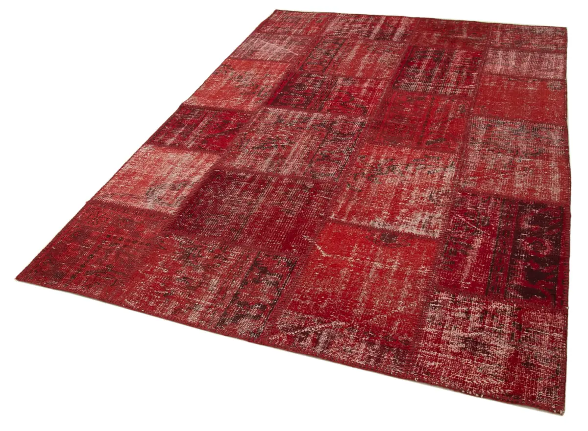 Patchwork Kırmızı Pamuk Üzerine Yün El Dokuma Kilim-171x245 - Görsel 3