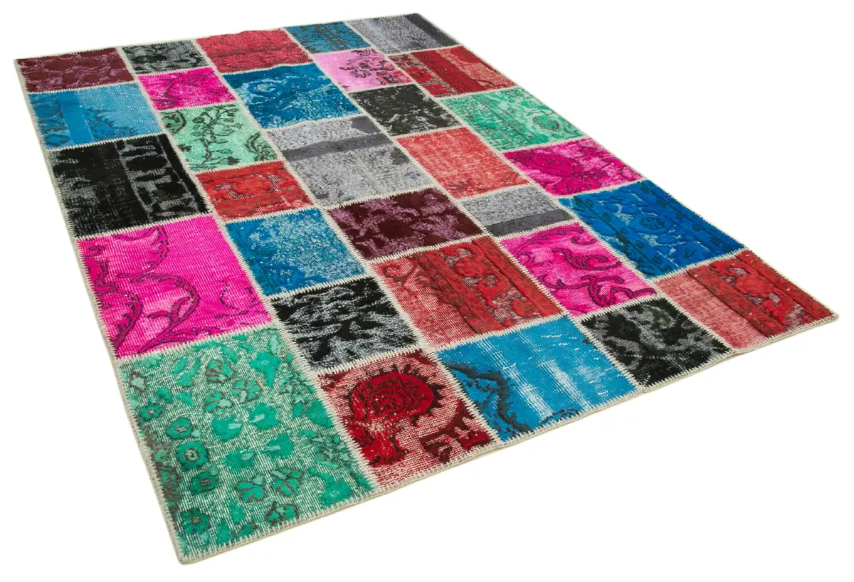 Patchwork Multi Pamuk Üzerine Yün El Dokuma Kilim-179x243 - Görsel 2