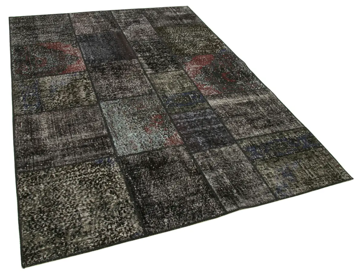 Patchwork Siyah Pamuk Üzerine Yün El Dokuma Kilim-173x243 - Görsel 2