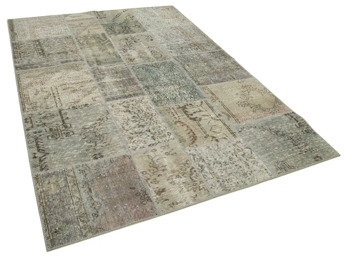 Patchwork Gri Pamuk Üzerine Yün El Dokuma Kilim-170x240 - Görsel 2