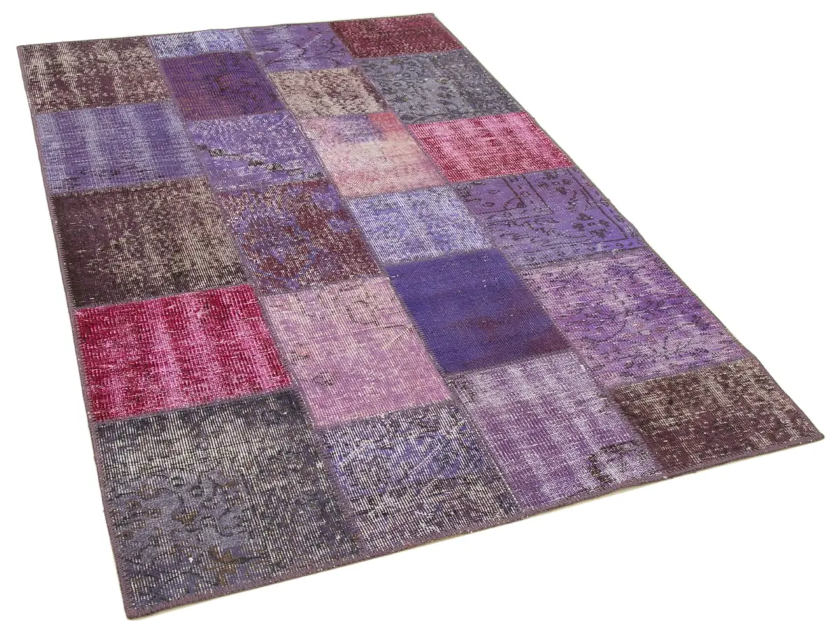 Patchwork Mor Pamuk Üzerine Yün El Dokuma Kilim-133x200 - Görsel 2