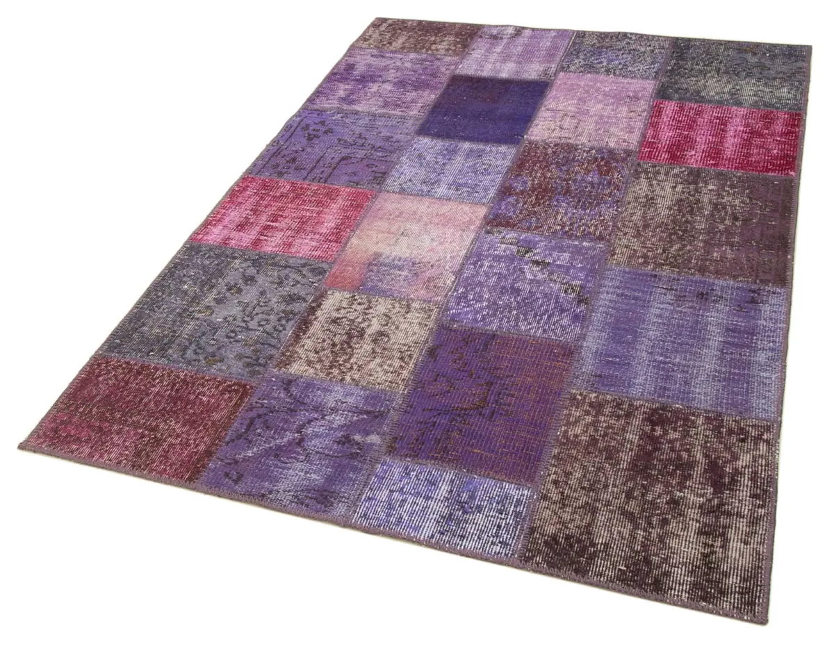 Patchwork Mor Pamuk Üzerine Yün El Dokuma Kilim-133x200 - Görsel 3
