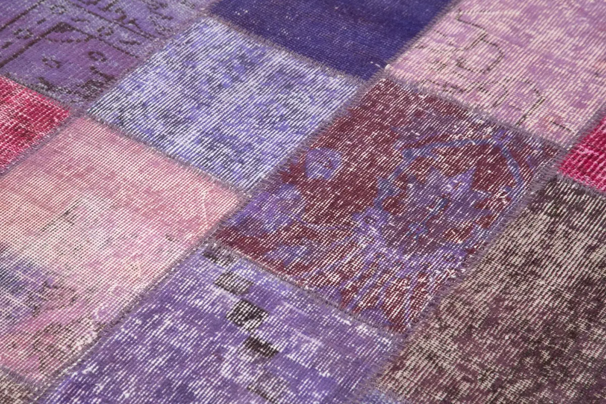 Patchwork Mor Pamuk Üzerine Yün El Dokuma Kilim-133x200 - Görsel 5