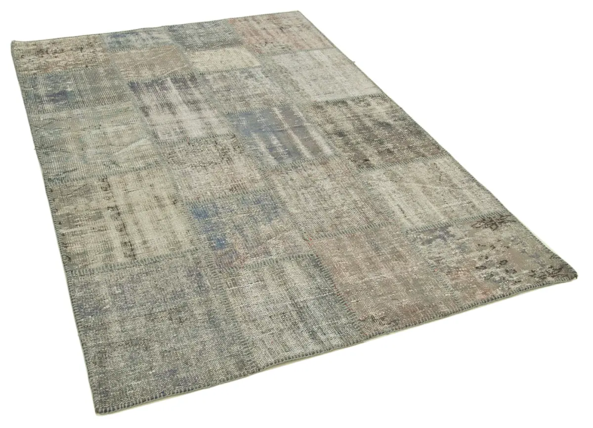 Patchwork Gri Pamuk Üzerine Yün El Dokuma Kilim-141x204 - Görsel 2