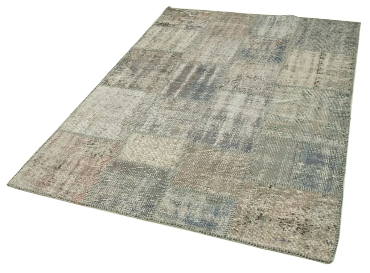 Patchwork Gri Pamuk Üzerine Yün El Dokuma Kilim-141x204 - Görsel 3