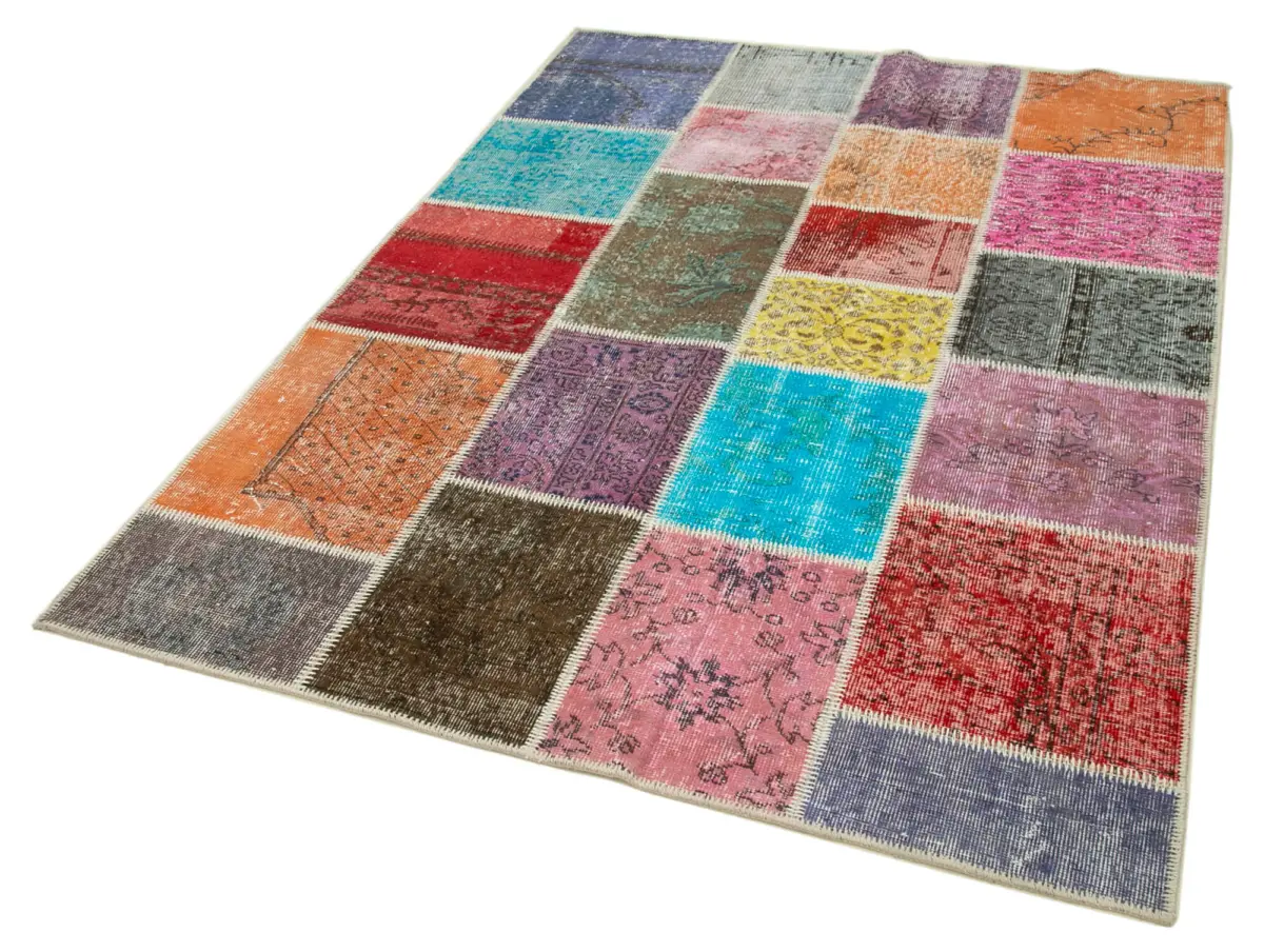 Patchwork Multi Pamuk Üzerine Yün El Dokuma Kilim-147x205 - Görsel 3