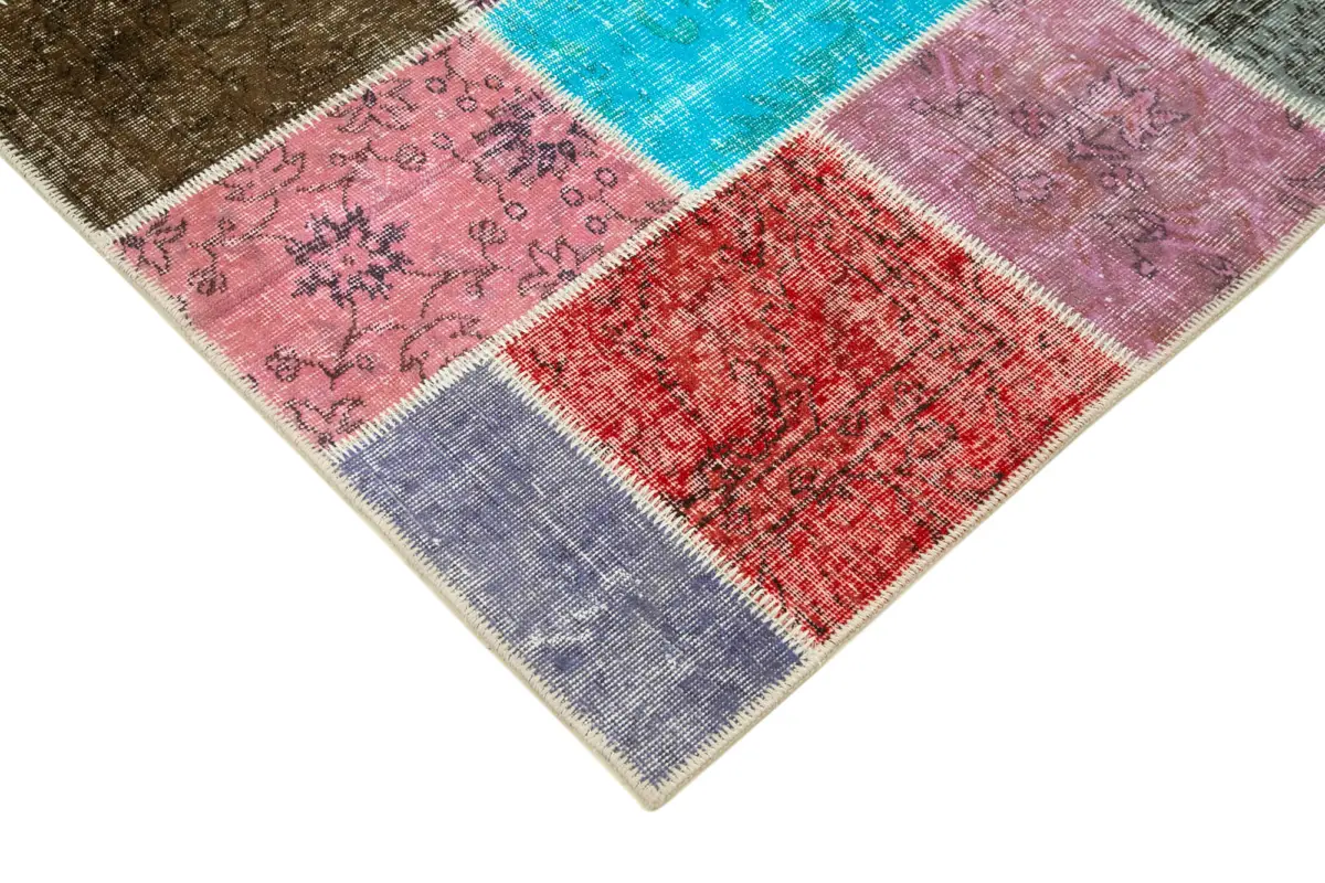 Patchwork Multi Pamuk Üzerine Yün El Dokuma Kilim-147x205 - Görsel 4