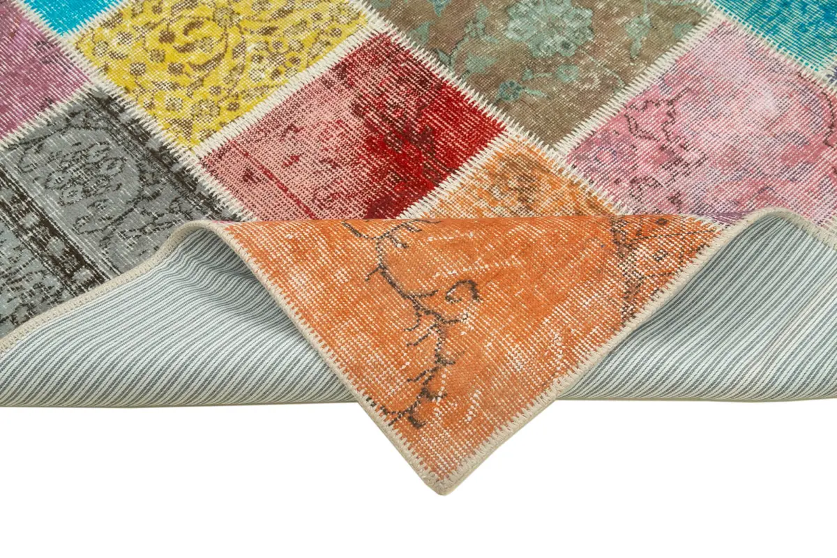 Patchwork Multi Pamuk Üzerine Yün El Dokuma Kilim-147x205 - Görsel 6
