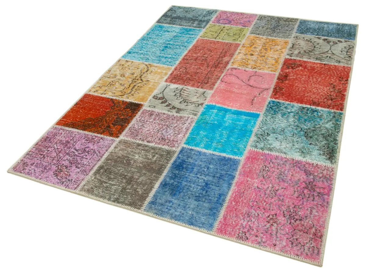Patchwork Multi Pamuk Üzerine Yün El Dokuma Kilim-145x205 - Görsel 3