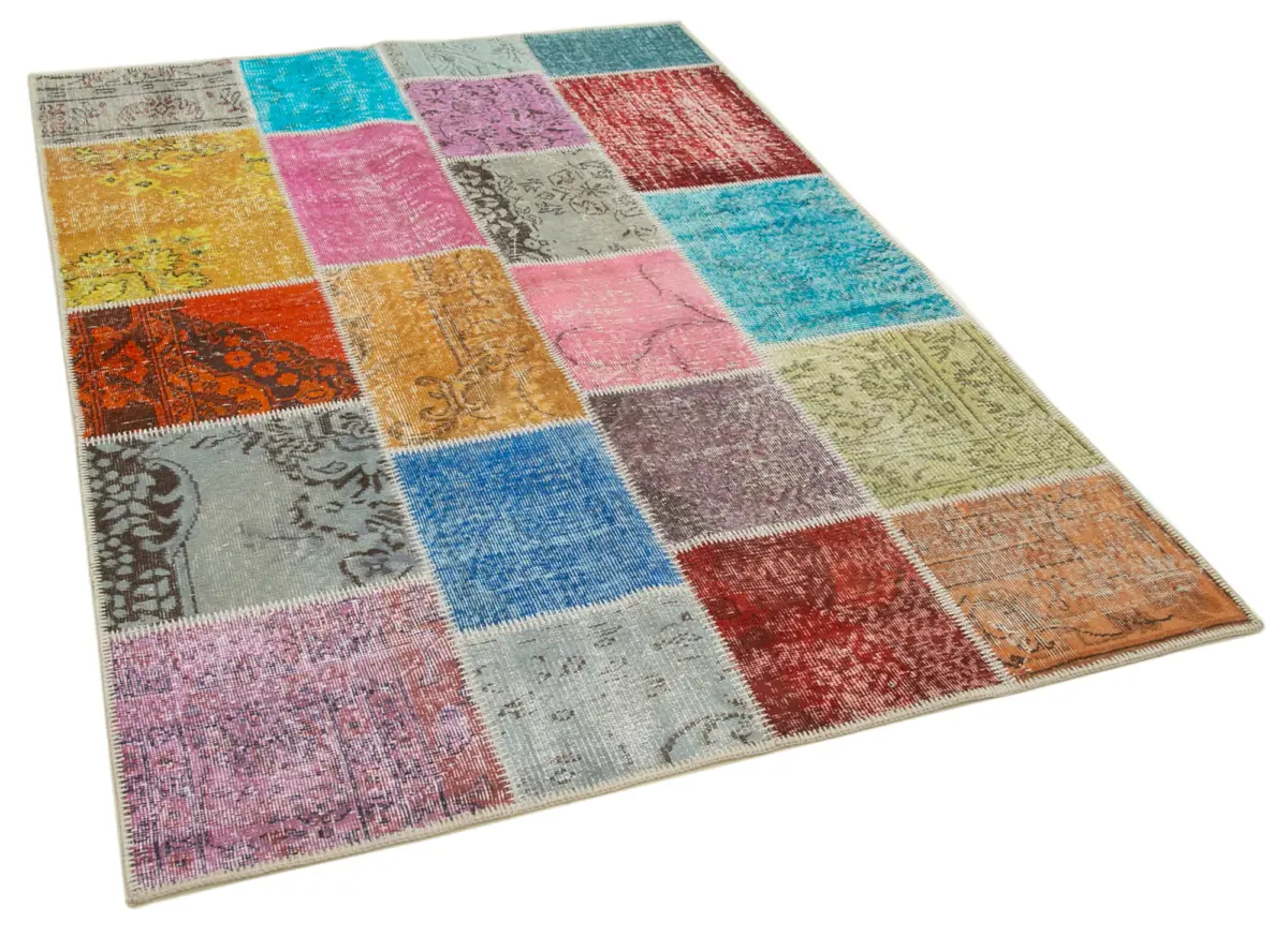 Patchwork Multi Pamuk Üzerine Yün El Dokuma Kilim-143x206 - Görsel 2