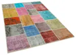 Patchwork Multi Pamuk Üzerine Yün El Dokuma Kilim-143x206 - Görsel 2