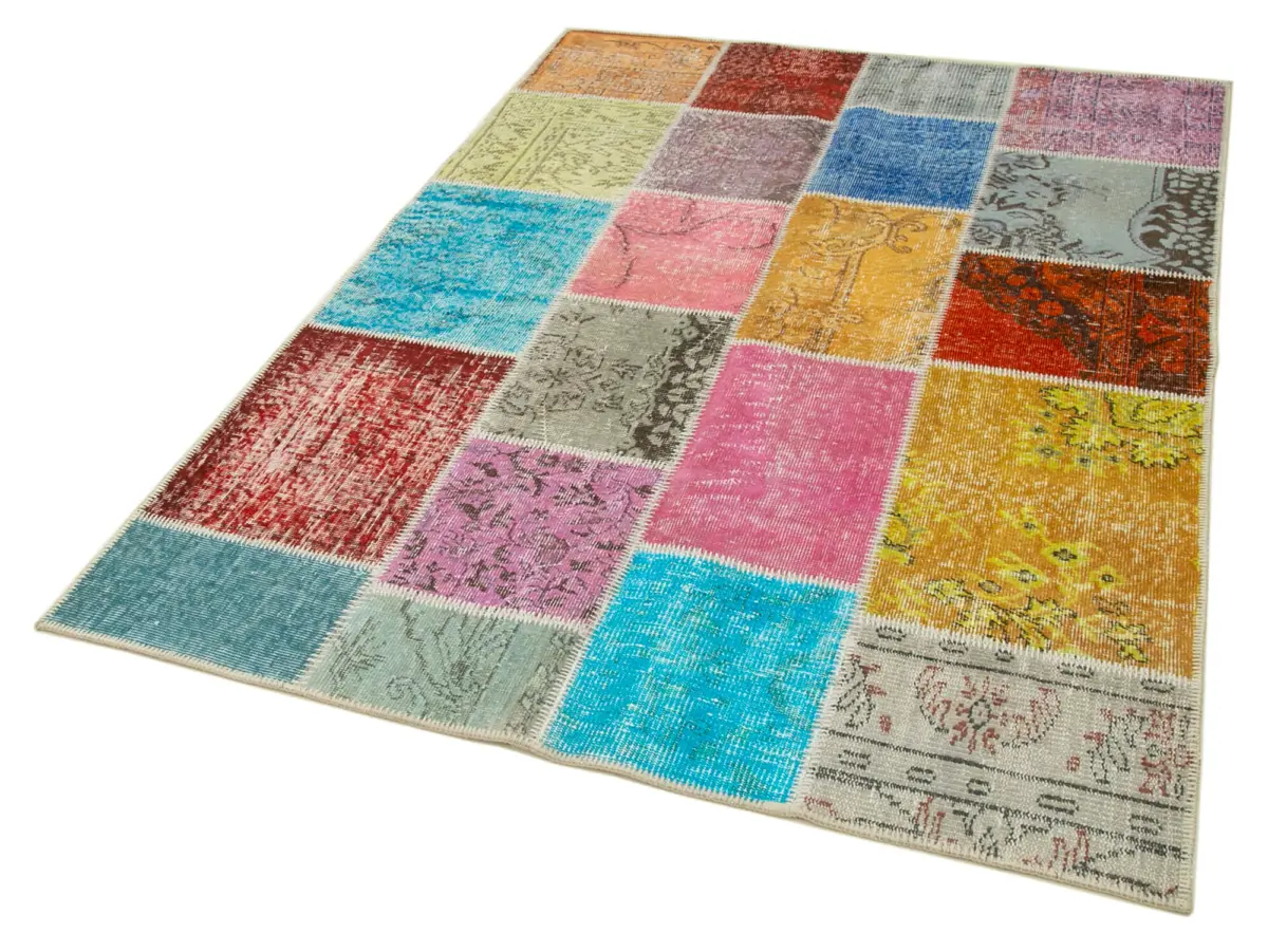 Patchwork Multi Pamuk Üzerine Yün El Dokuma Kilim-143x206 - Görsel 3