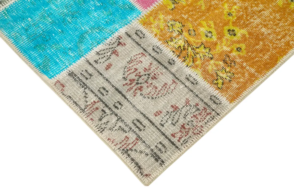 Patchwork Multi Pamuk Üzerine Yün El Dokuma Kilim-143x206 - Görsel 4