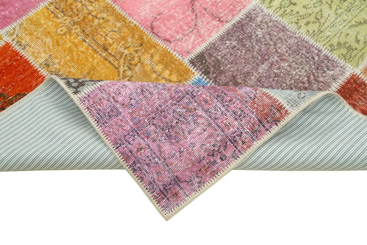 Patchwork Multi Pamuk Üzerine Yün El Dokuma Kilim-143x206 - Görsel 6