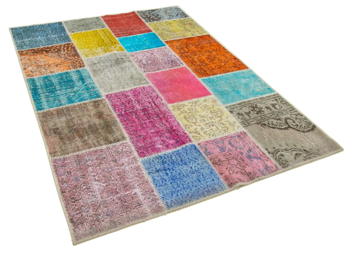 Patchwork Multi Pamuk Üzerine Yün El Dokuma Kilim-145x208 - Görsel 2