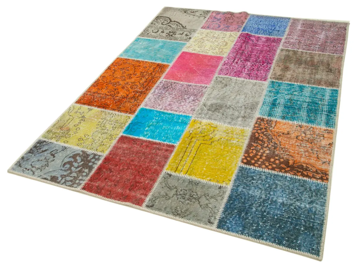 Patchwork Multi Pamuk Üzerine Yün El Dokuma Kilim-145x208 - Görsel 3