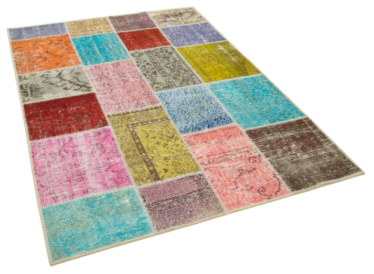 Patchwork Multi Pamuk Üzerine Yün El Dokuma Kilim-146x201 - Görsel 2