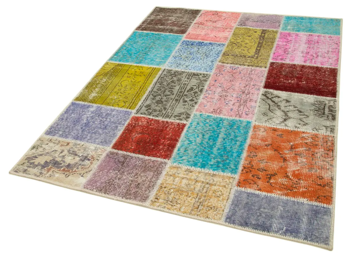 Patchwork Multi Pamuk Üzerine Yün El Dokuma Kilim-146x201 - Görsel 3