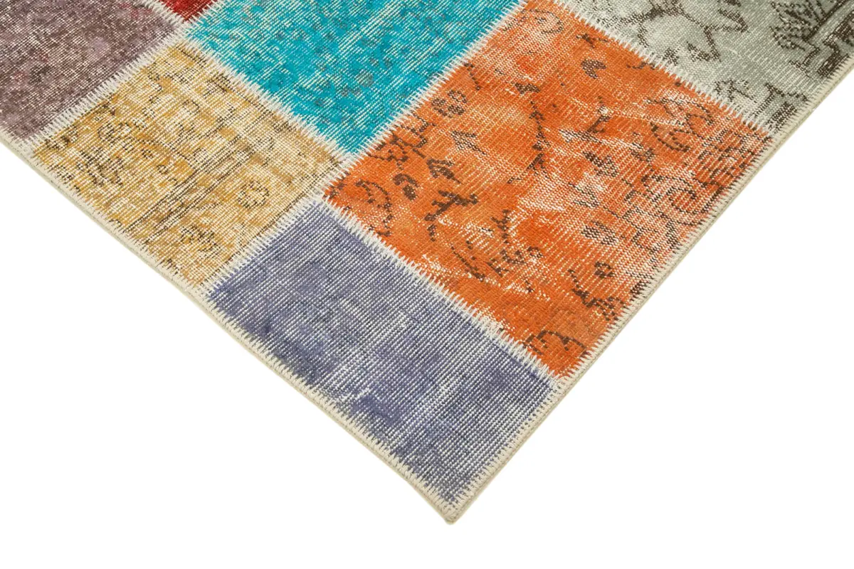 Patchwork Multi Pamuk Üzerine Yün El Dokuma Kilim-146x201 - Görsel 4
