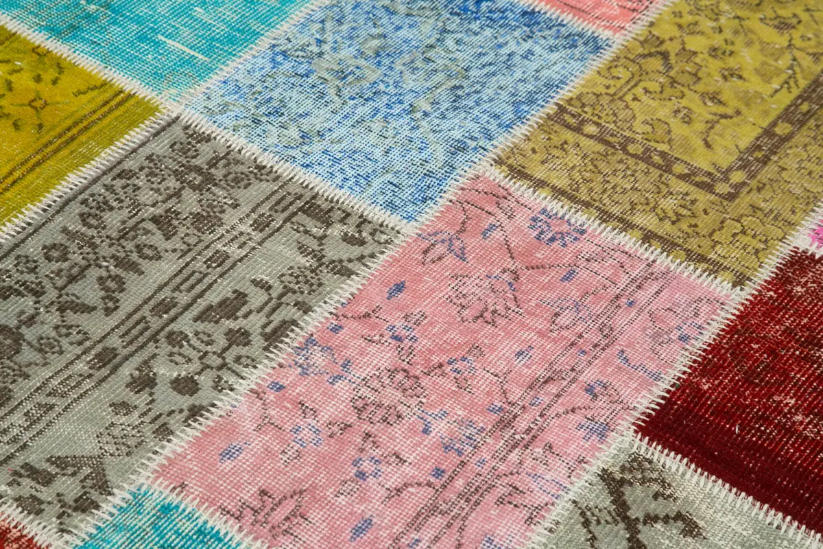 Patchwork Multi Pamuk Üzerine Yün El Dokuma Kilim-146x201 - Görsel 5