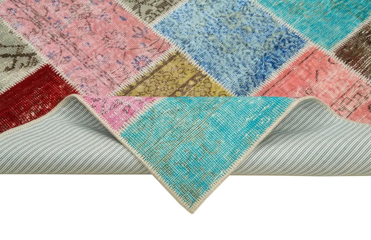 Patchwork Multi Pamuk Üzerine Yün El Dokuma Kilim-146x201 - Görsel 6