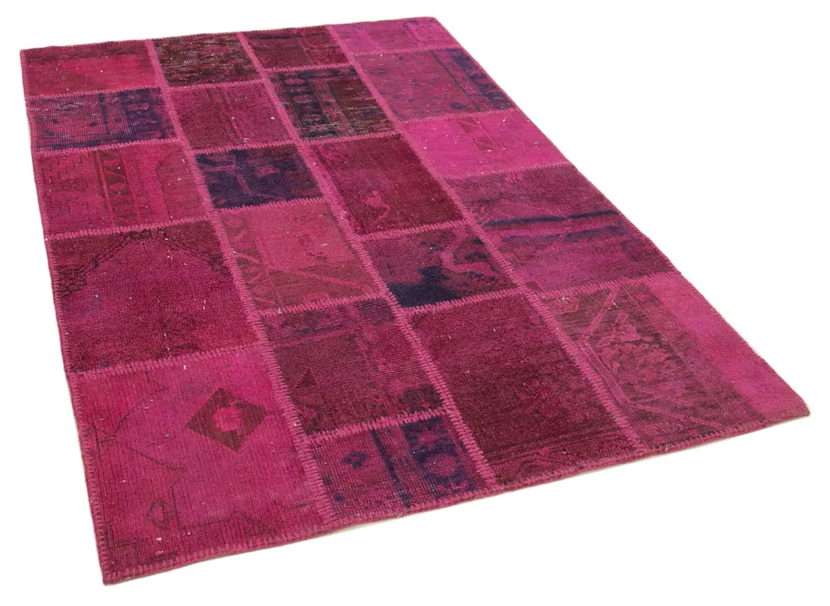 Patchwork Pembe Pamuk Üzerine Yün El Dokuma Kilim-140x205 - Görsel 2