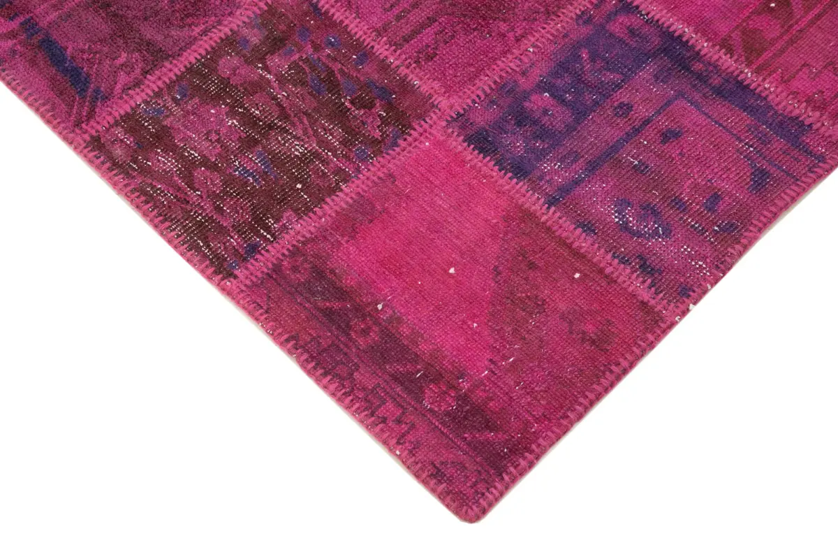 Patchwork Pembe Pamuk Üzerine Yün El Dokuma Kilim-140x205 - Görsel 4