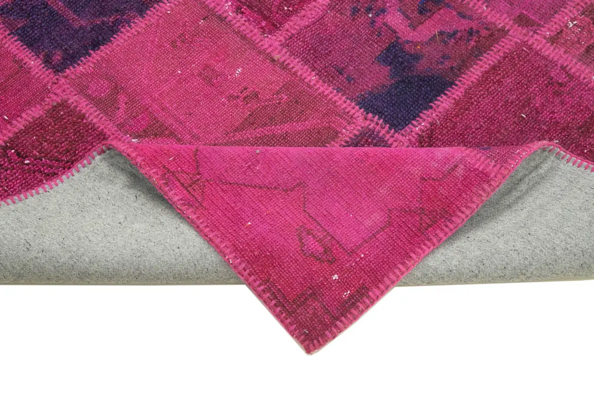 Patchwork Pembe Pamuk Üzerine Yün El Dokuma Kilim-140x205 - Görsel 6