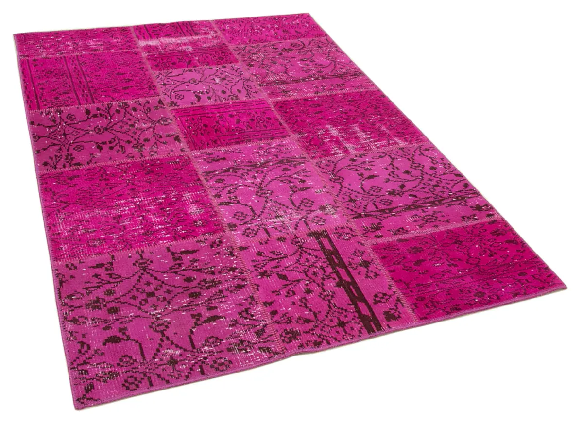Patchwork Pembe Pamuk Üzerine Yün El Dokuma Kilim-140x200 - Görsel 2