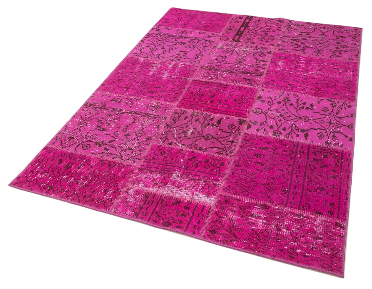 Patchwork Pembe Pamuk Üzerine Yün El Dokuma Kilim-140x200 - Görsel 3