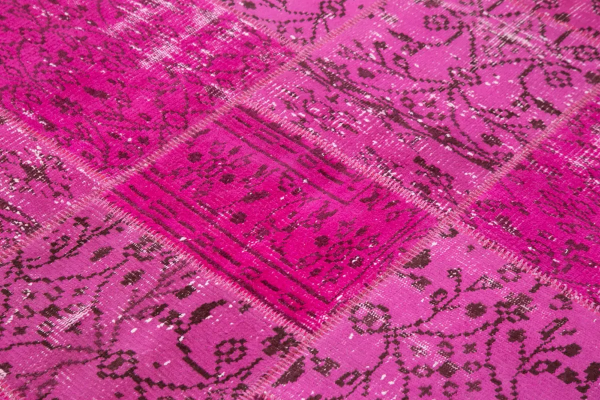 Patchwork Pembe Pamuk Üzerine Yün El Dokuma Kilim-140x200 - Görsel 5