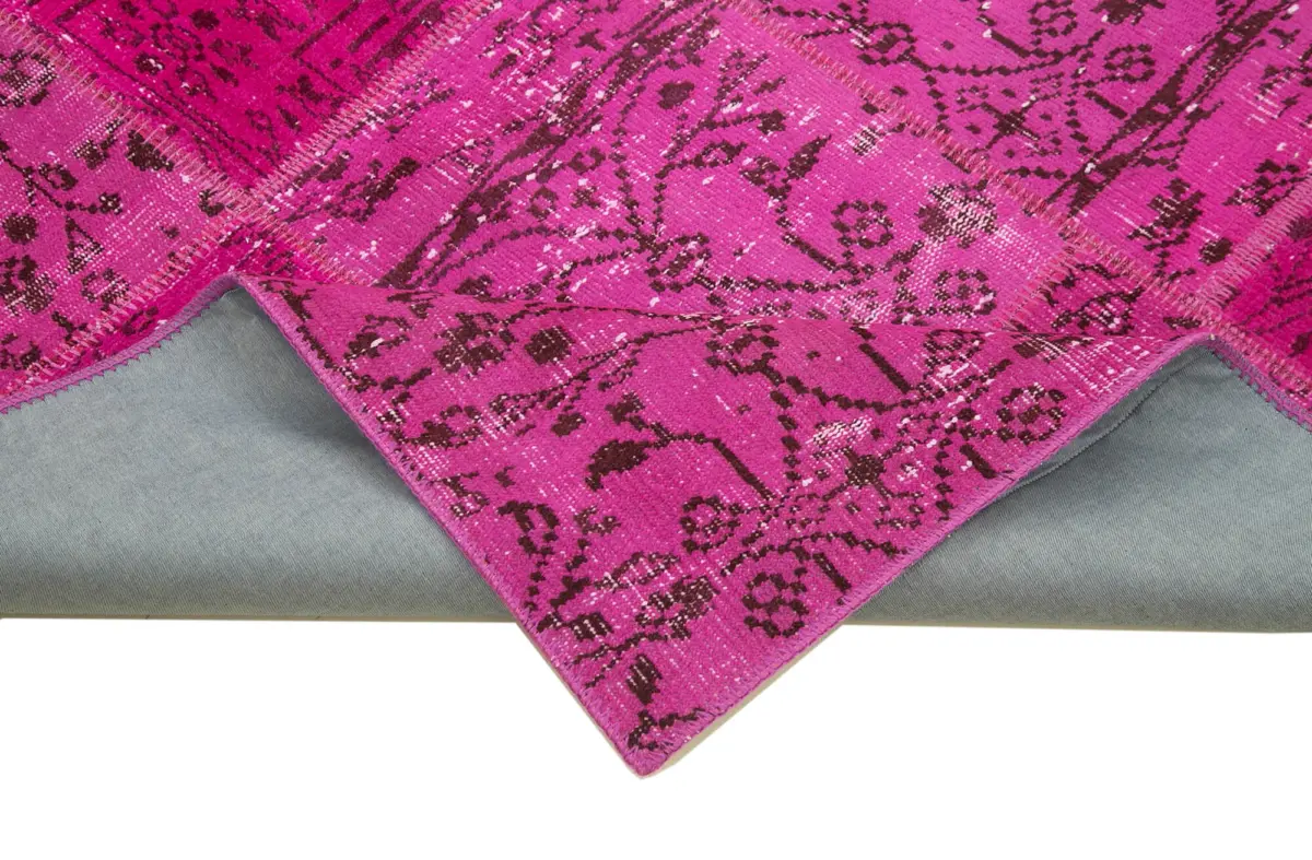 Patchwork Pembe Pamuk Üzerine Yün El Dokuma Kilim-140x200 - Görsel 6