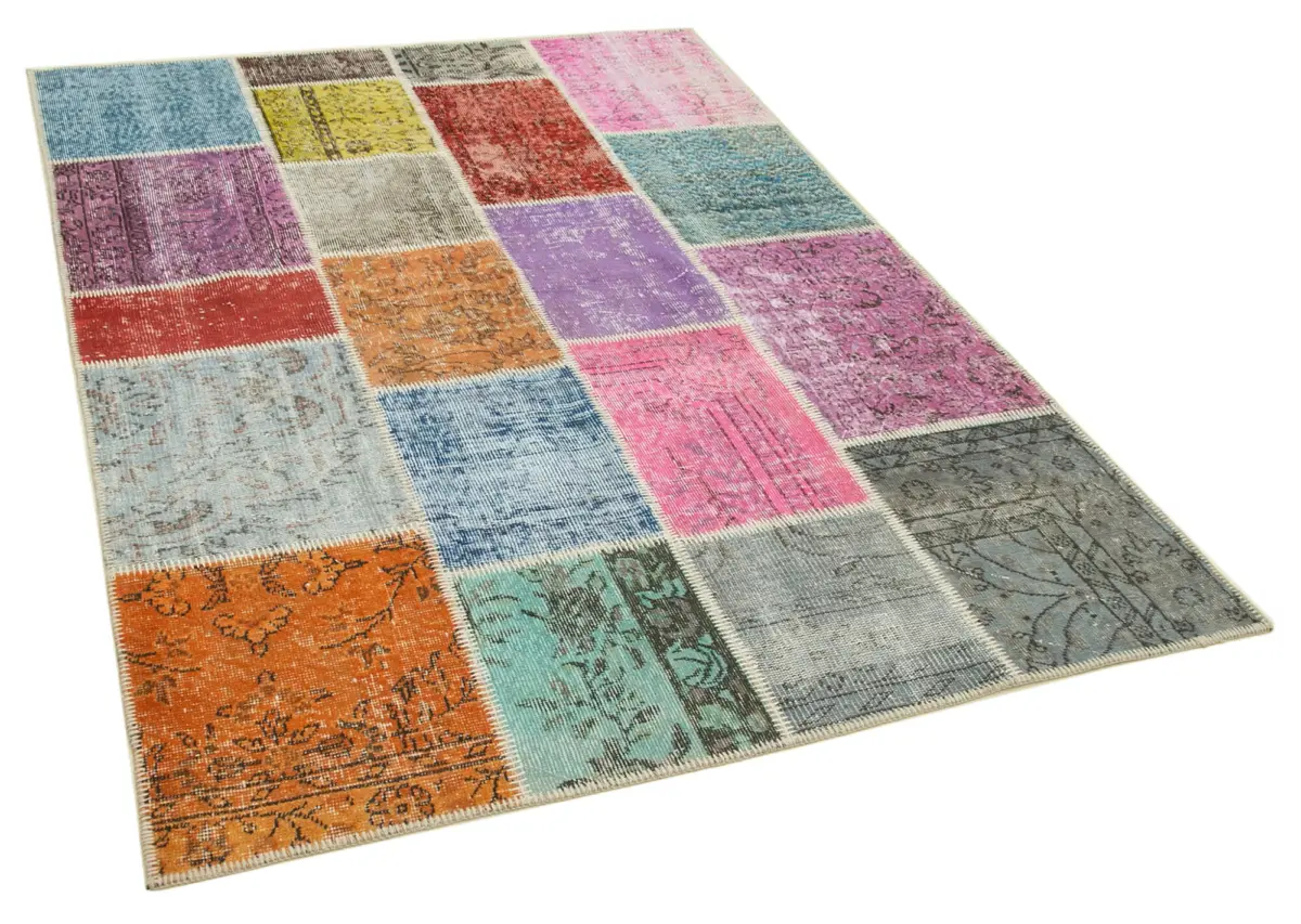 Patchwork Multi Pamuk Üzerine Yün El Dokuma Kilim-146x201 - Görsel 2