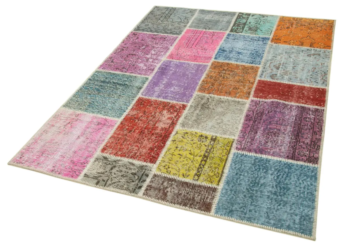 Patchwork Multi Pamuk Üzerine Yün El Dokuma Kilim-146x201 - Görsel 3