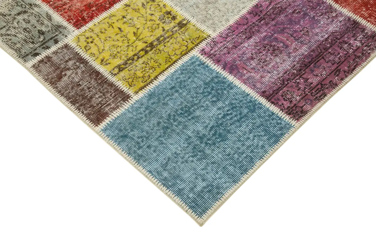 Patchwork Multi Pamuk Üzerine Yün El Dokuma Kilim-146x201 - Görsel 4