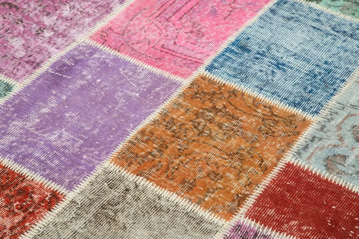 Patchwork Multi Pamuk Üzerine Yün El Dokuma Kilim-146x201 - Görsel 5