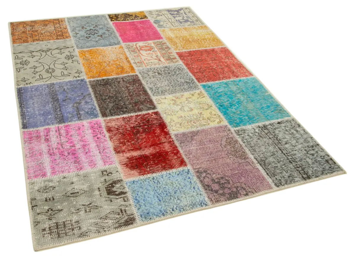 Patchwork Multi Pamuk Üzerine Yün El Dokuma Kilim-146x203 - Görsel 2