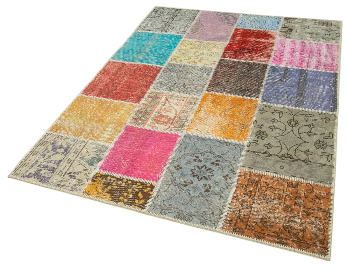 Patchwork Multi Pamuk Üzerine Yün El Dokuma Kilim-146x203 - Görsel 3
