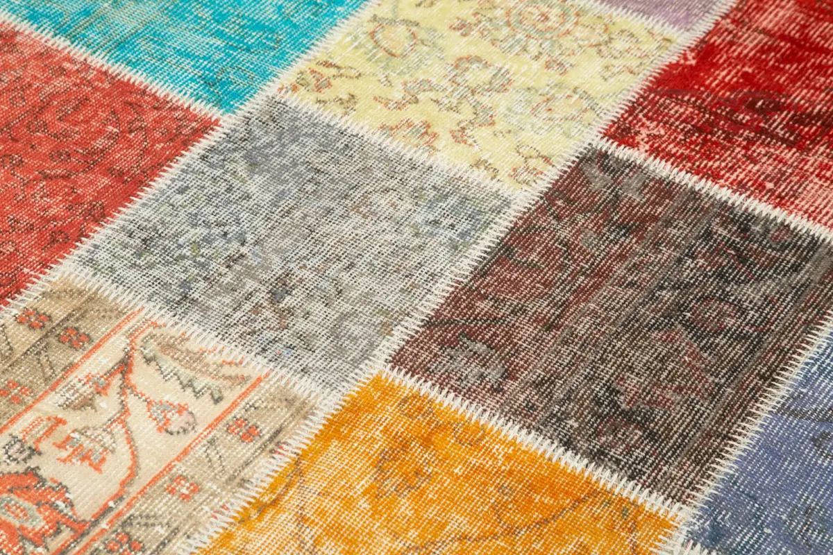 Patchwork Multi Pamuk Üzerine Yün El Dokuma Kilim-146x203 - Görsel 5
