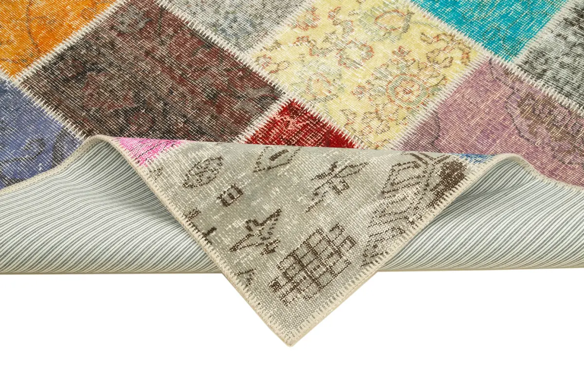 Patchwork Multi Pamuk Üzerine Yün El Dokuma Kilim-146x203 - Görsel 6