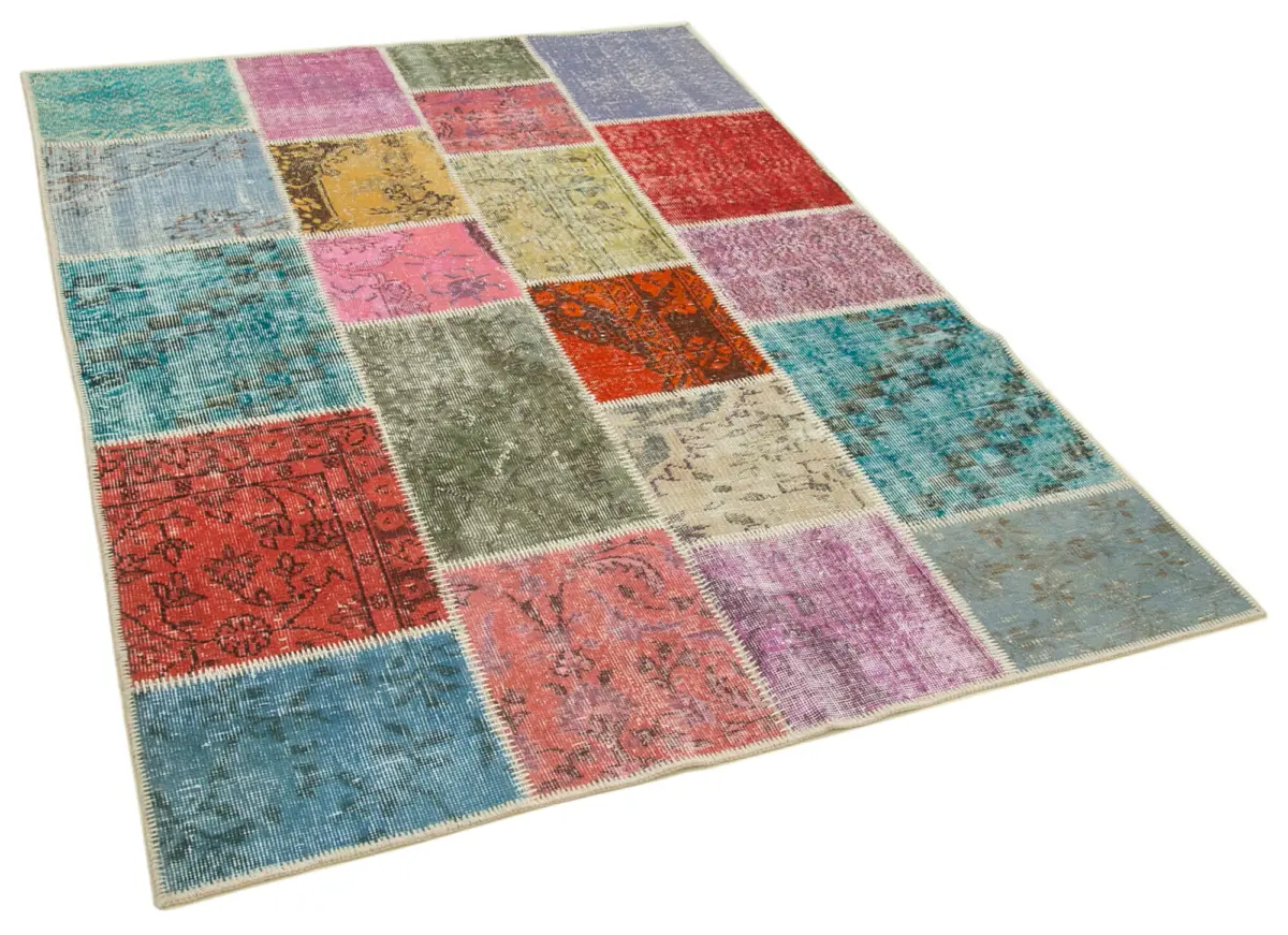 Patchwork Multi Pamuk Üzerine Yün El Dokuma Kilim-148x199 - Görsel 2